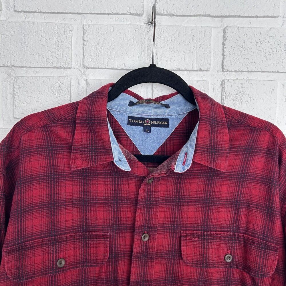 Vintage Tommy Hilfiger Flannel Shirt Red Black Denim Lined Collar Mens Large